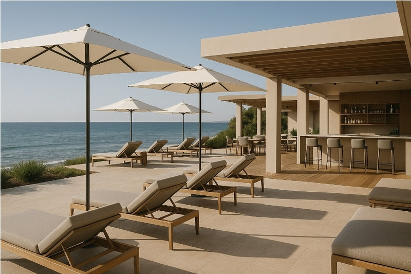 Stabilimento con elementi di design sofisticati, linee pulite e materiali di alta qualità che caratterizzano il lavoro di un architetto specializzato in arredi per strutture balneari e ricettive.