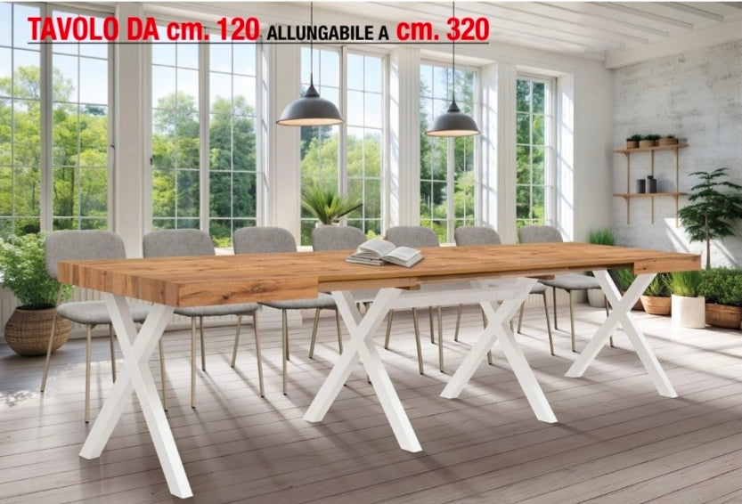 Tavolo allungabile da 120 a 320 con gambe bianche a X