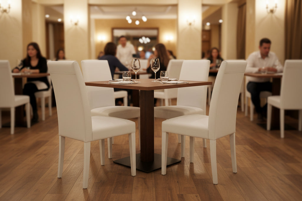 Set Caserta – Tavolo da ristorante Noce con Base Centrale Nera + 4 Sedie Roma Imbottite in Ecopelle