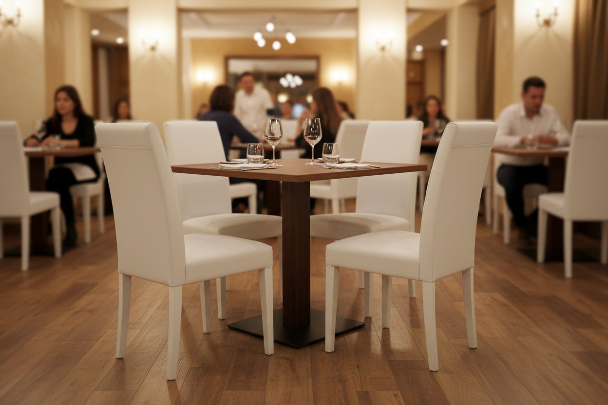 Set Caserta – Tavolo da ristorante Noce con Base Centrale Nera + 4 Sedie Roma Imbottite in Ecopelle