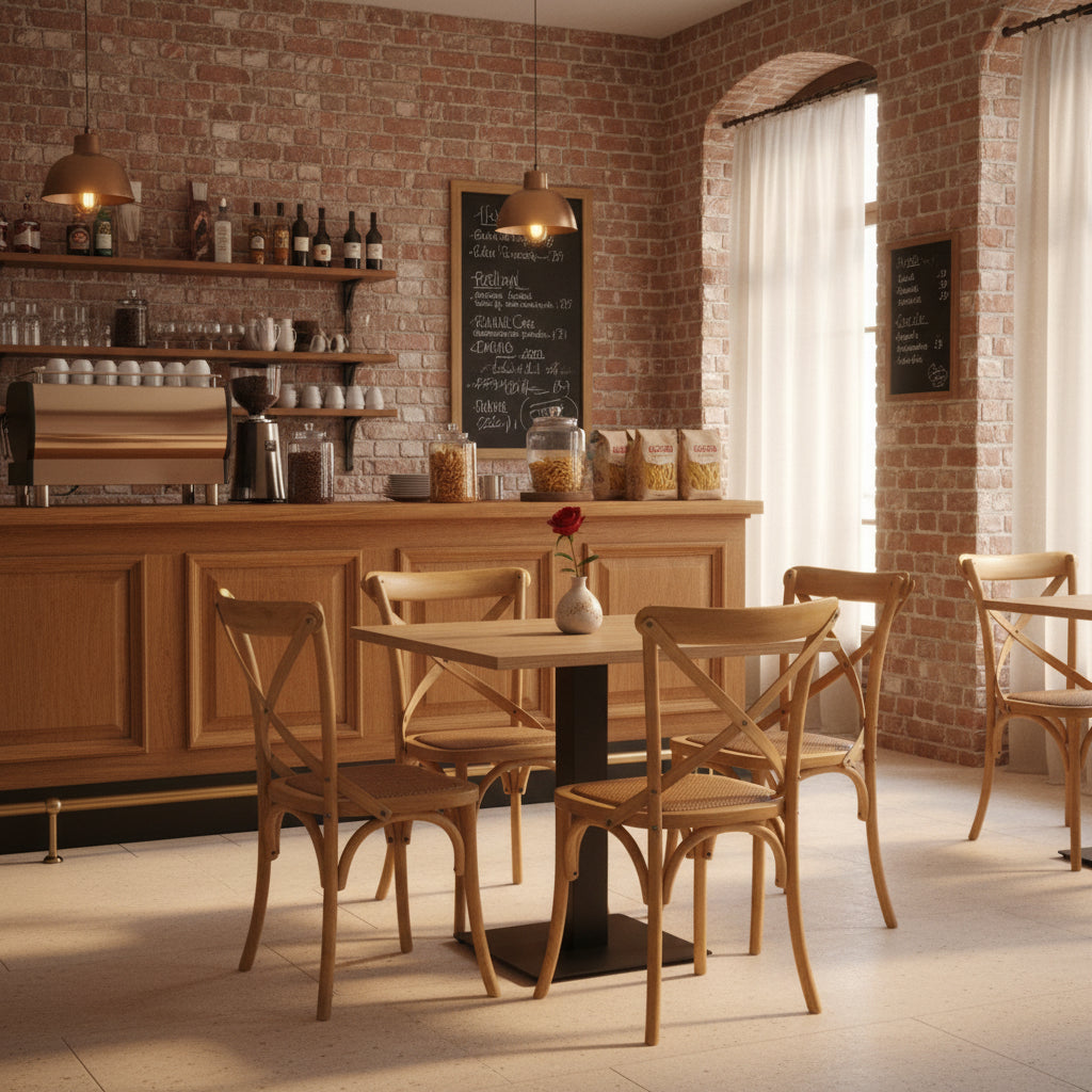 Set tavoli e sedie da ristorante Reggio Calabria – Tavolo 80×80 Rovere Antico + 4 Sedie Croce Rattan Naturale