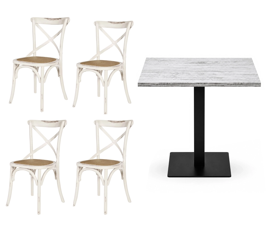 Set Pavia – Tavolo Base Nera con Piano Bianco Antico + 4 Sedie Croce in Rattan per ristoranti