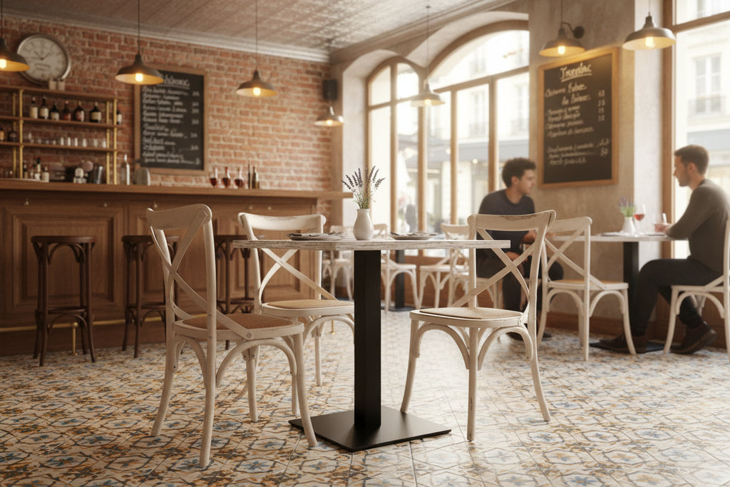 Set Pavia – Tavolo Base Nera con Piano Bianco Antico + 4 Sedie Croce in Rattan per ristoranti
