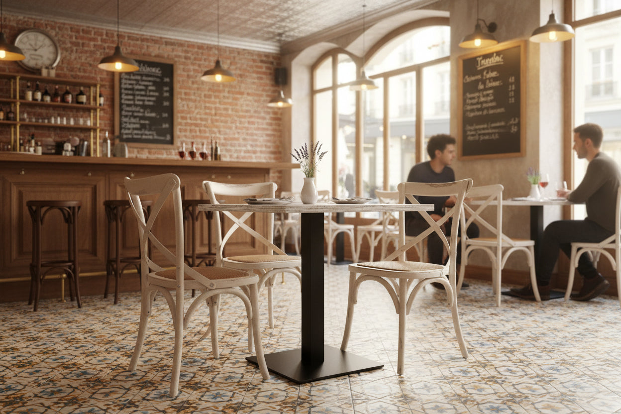 Set Pavia – Tavolo Base Nera con Piano Bianco Antico + 4 Sedie Croce in Rattan per ristoranti