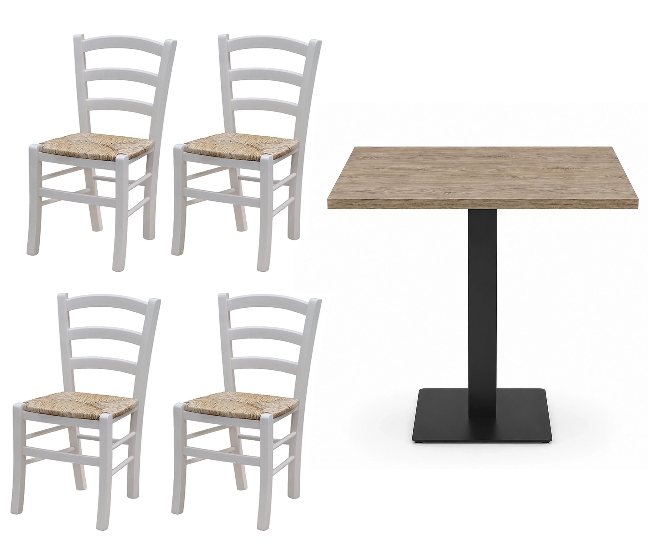 Set Asti – Tavolo 80×80 Rovere Antico + 4 Sedie Venezia Paglia per  birreria pub
