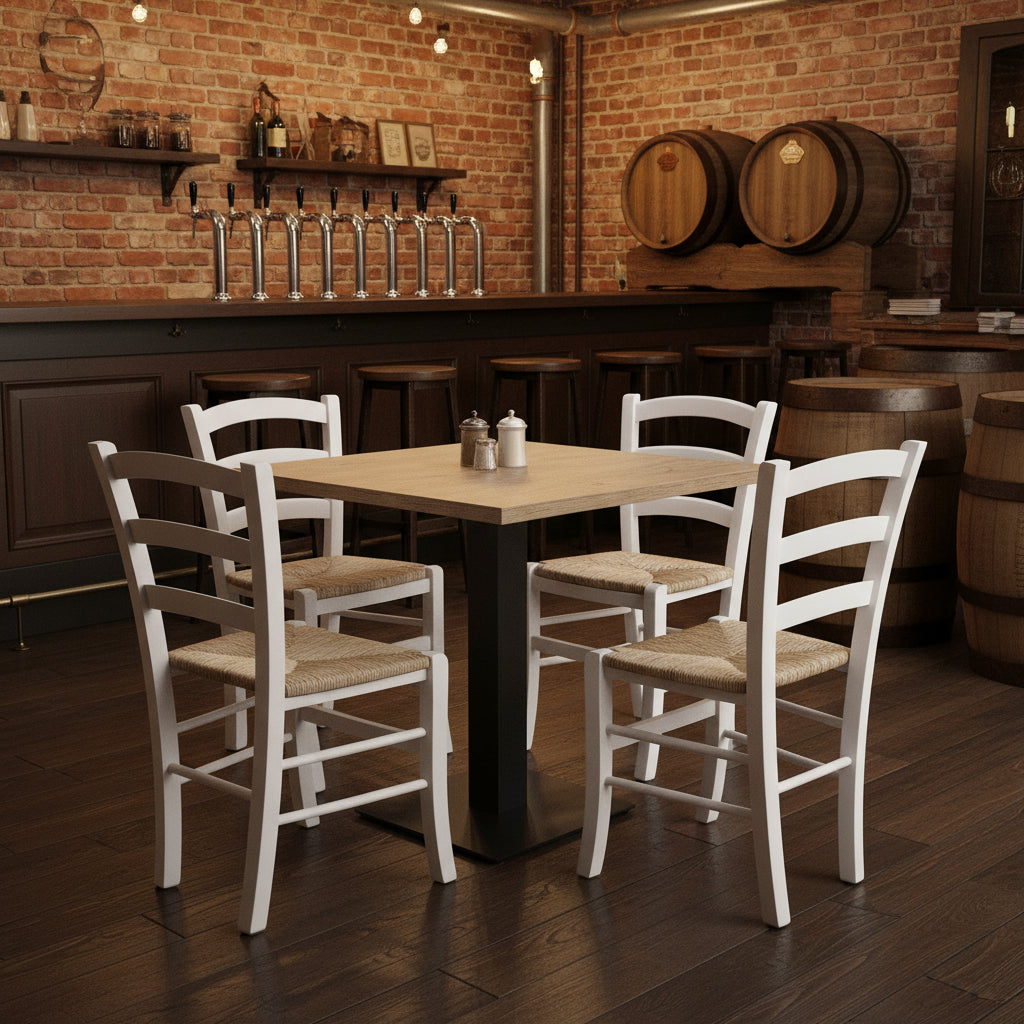 Set Asti – Tavolo 80×80 Rovere Antico + 4 Sedie Venezia Paglia per  birreria pub