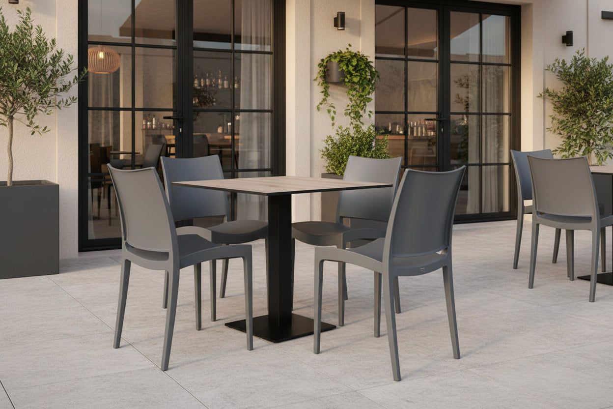 Set Cesena – Tavolo HPL Rovere Nodato + 4 Sedie Imperia Taupé
