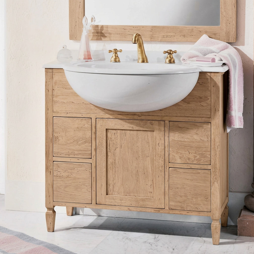 Mobile Bagno in Legno Massello finitura grezzo con 1 Anta e 4 Cassetti SENZA lavabo