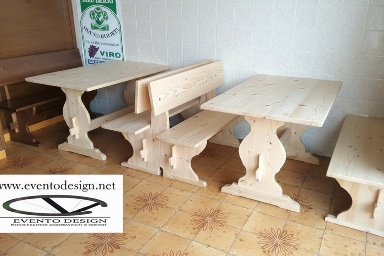 Set Panca in Pino Grezzo con Schienale + Tavolo Fratino 150×80 cm