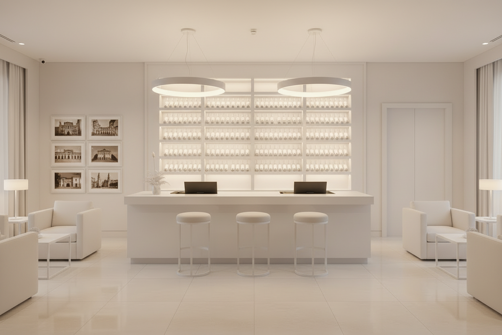 Bancone Bar neutro con  Struttura Legno Tinto Nero o bianco di  3 metri con Vetrina ESPOSITIVA  Neutra