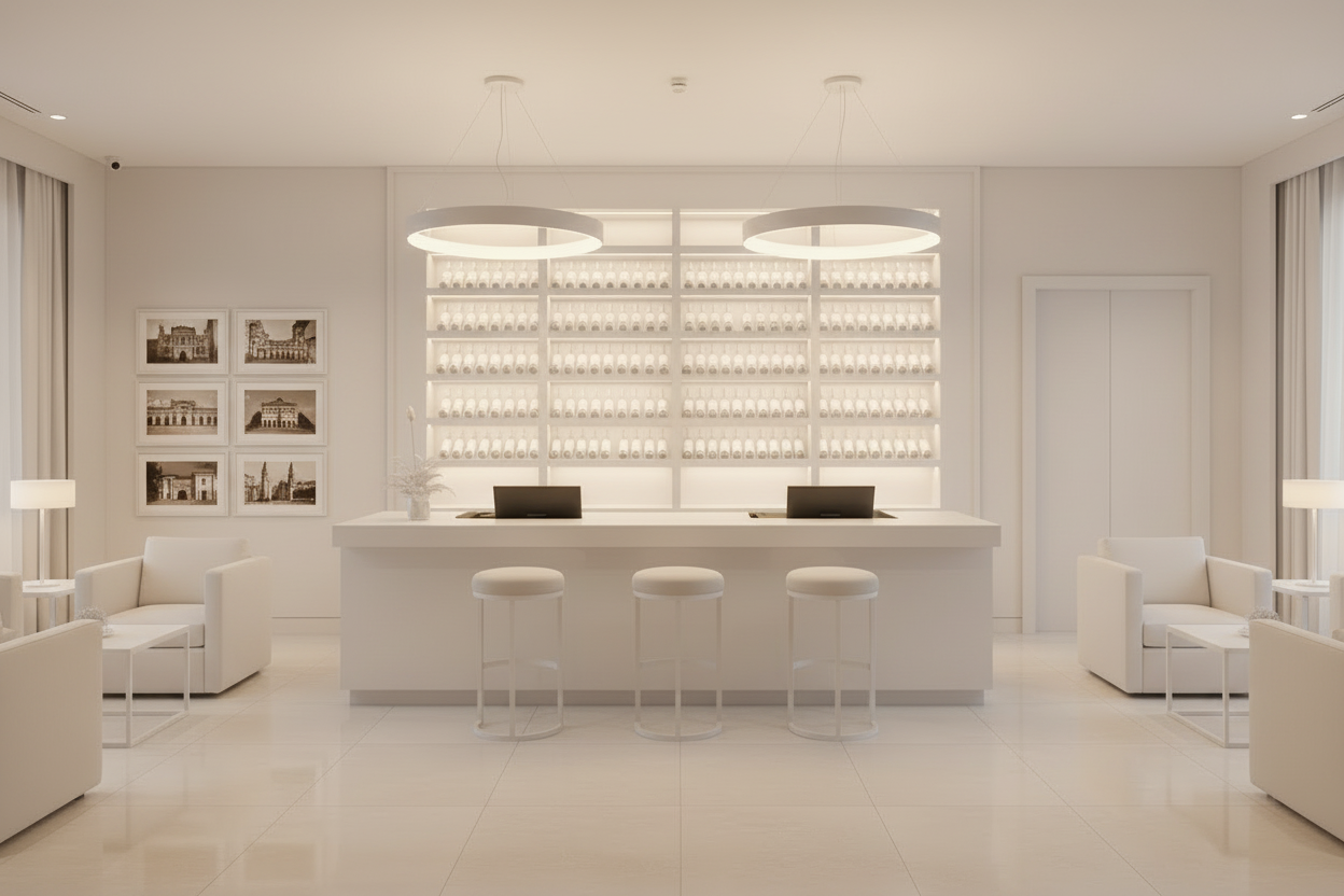 Bancone Bar neutro con  Struttura Legno Tinto Nero o bianco di  3 metri con Vetrina ESPOSITIVA  Neutra