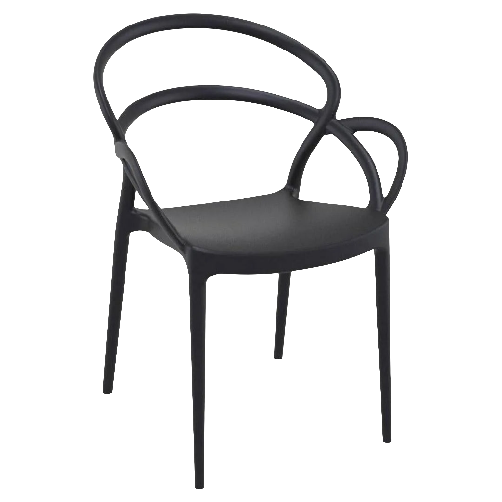 Set di quattro sedie con braccioli realizzate in polipropilene di colore nero il tavolo escluso