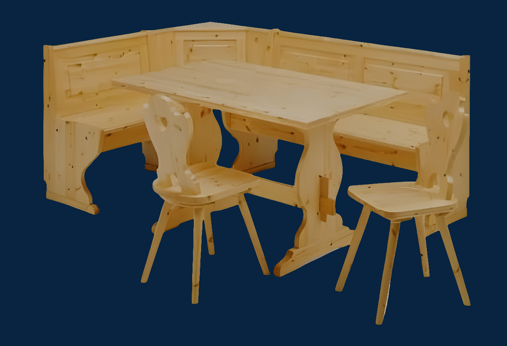 Giropanca Angolare Legno Pino + Tavolo Fisso + Sedie Tirolesi - Arredo Pub Chalet