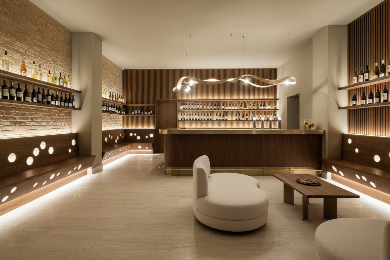 Foto wine bar con panche foro e bancone mescita