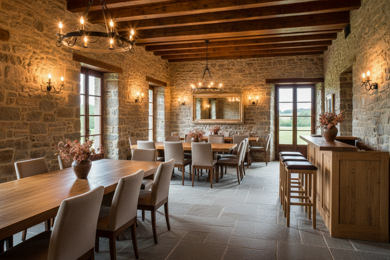 Interno ristorante con pietra a vista e bancone