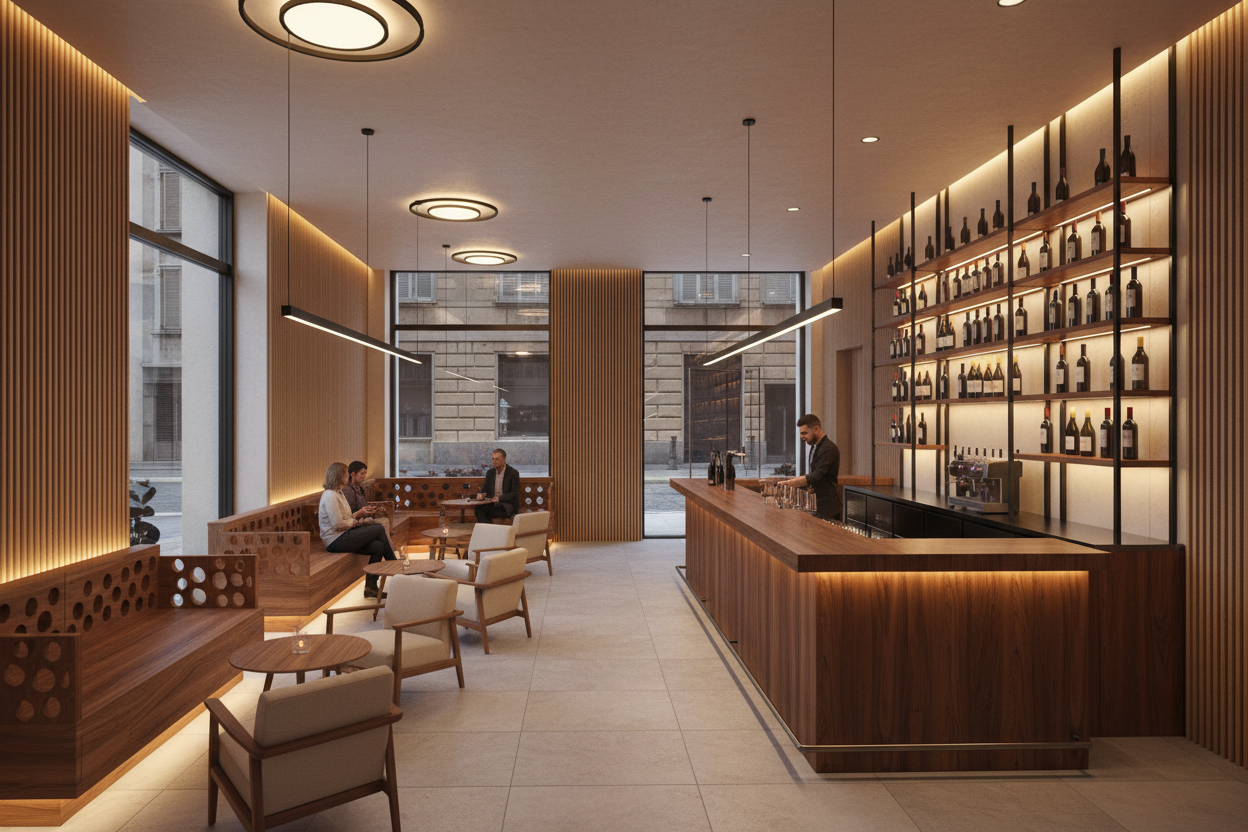 Rendering 3D progetto wine bar 50 mq