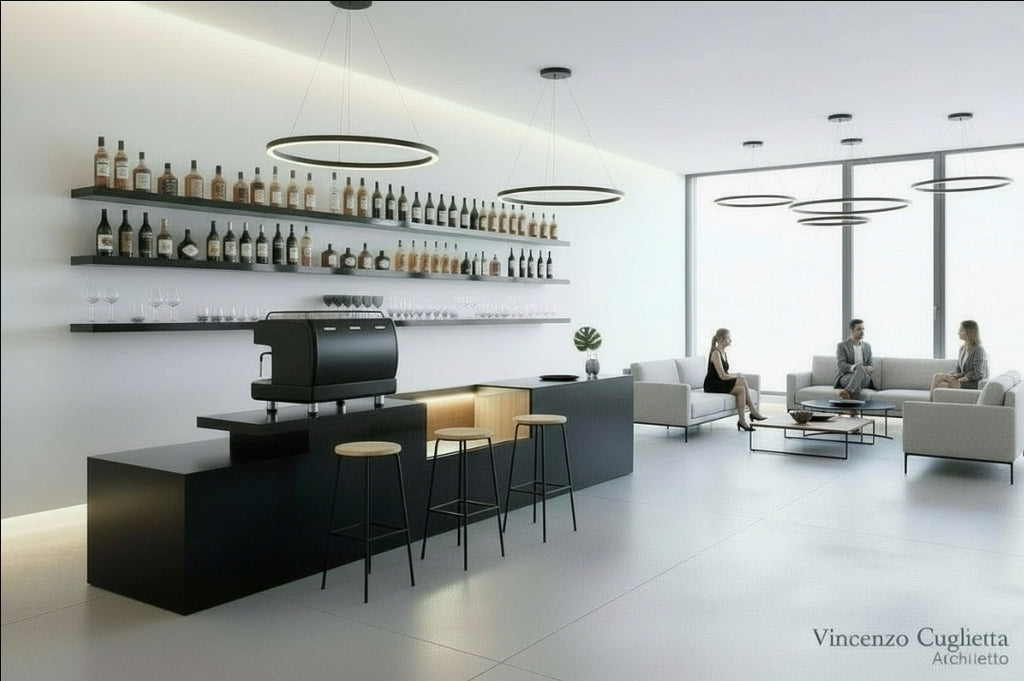 Bancone Bar neutro con  Struttura Legno Tinto Nero o bianco di  3 metri con Vetrina ESPOSITIVA  Neutra