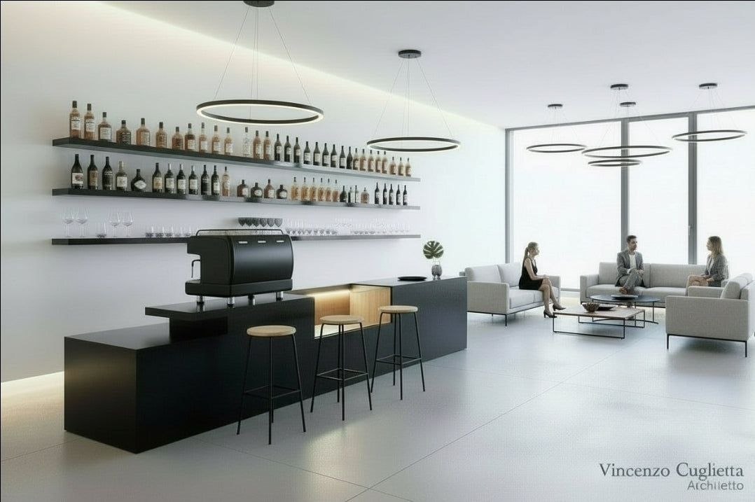 Bancone Bar neutro con  Struttura Legno Tinto Nero o bianco di  3 metri con Vetrina ESPOSITIVA  Neutra