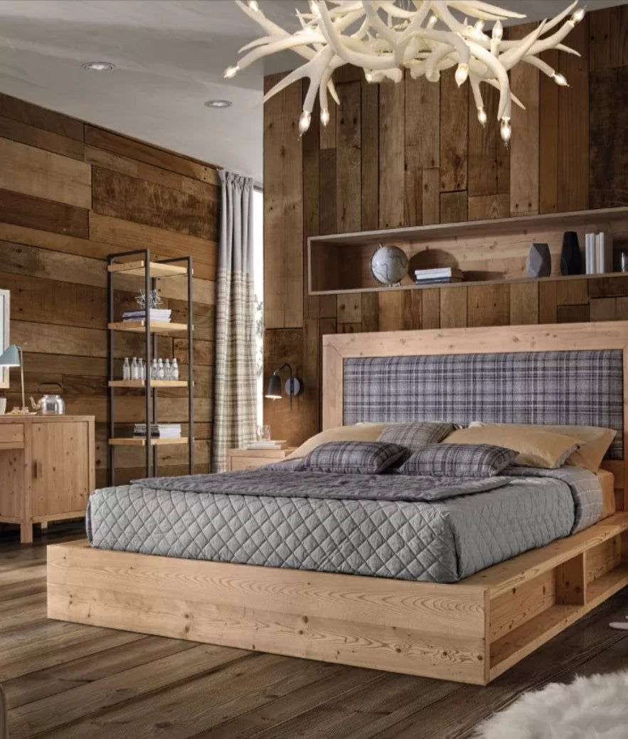 LETTO CORTINA MATRIMONIALE IN LEGNO MASSELLO DI ABETE CON VANI LATERALI