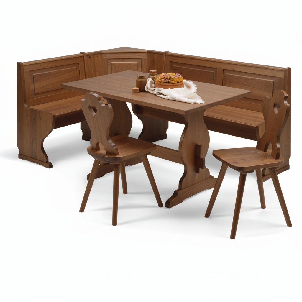 Angolo panca  misura 133x173 con cassonetto e tavolo fratino 130x80 e due sedie cuore tinta noce