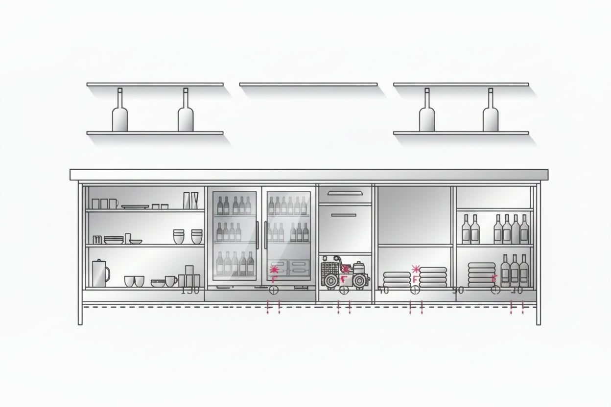 BANCO BAR D8 eventodesign completo di retro banco e alzata portabottiglie
