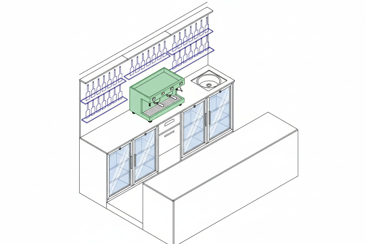 Bancone Bar D8 eventodesign Completo con Vetrina Neutra e Alzata Porta Bottiglie