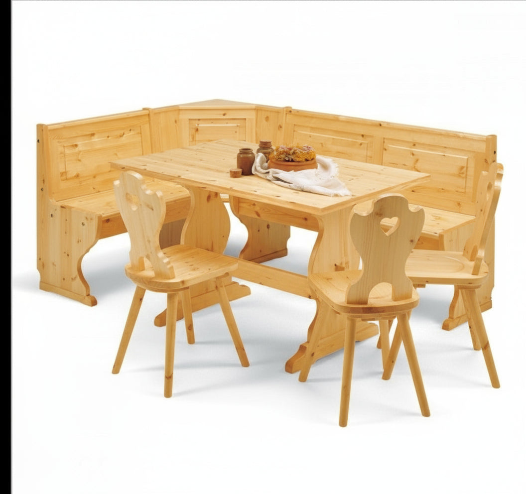 Angolo Panca 133x173 con Tavolo Fratino Fisso 130x80x3 e 3 Sedie con Cuore - Tinta Naturale