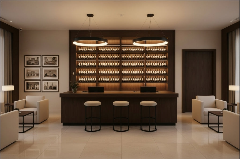 Bancone Bar neutro con  Struttura Legno Tinto Nero o bianco di  3 metri con Vetrina ESPOSITIVA  Neutra