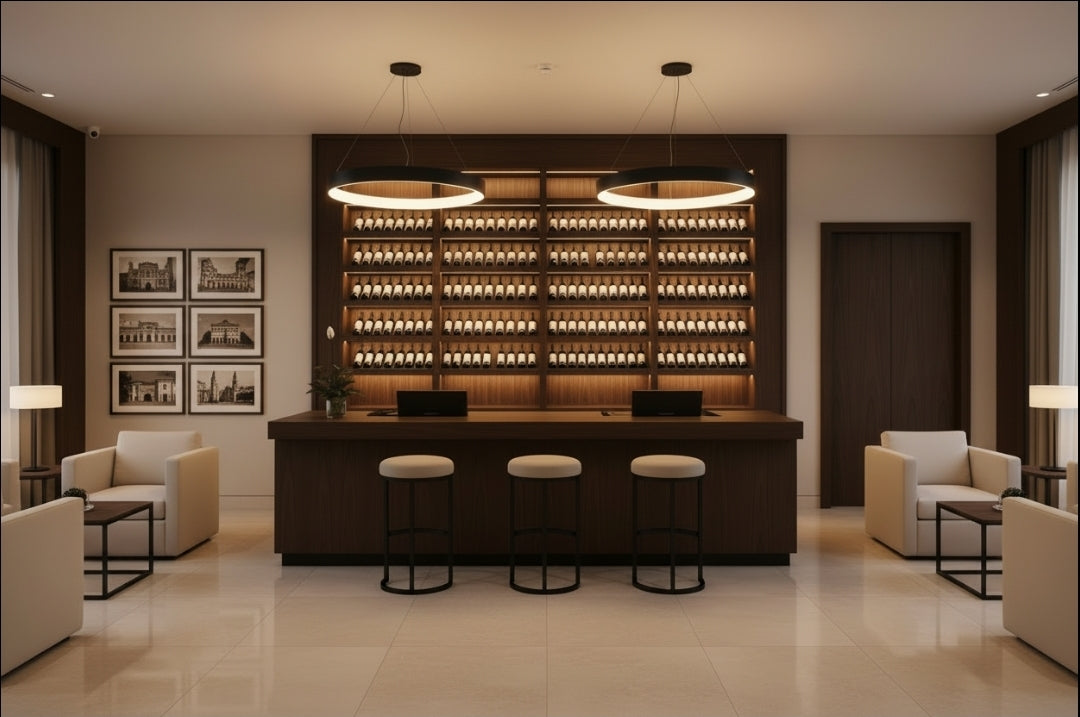 Bancone Bar neutro con  Struttura Legno Tinto Nero o bianco di  3 metri con Vetrina ESPOSITIVA  Neutra