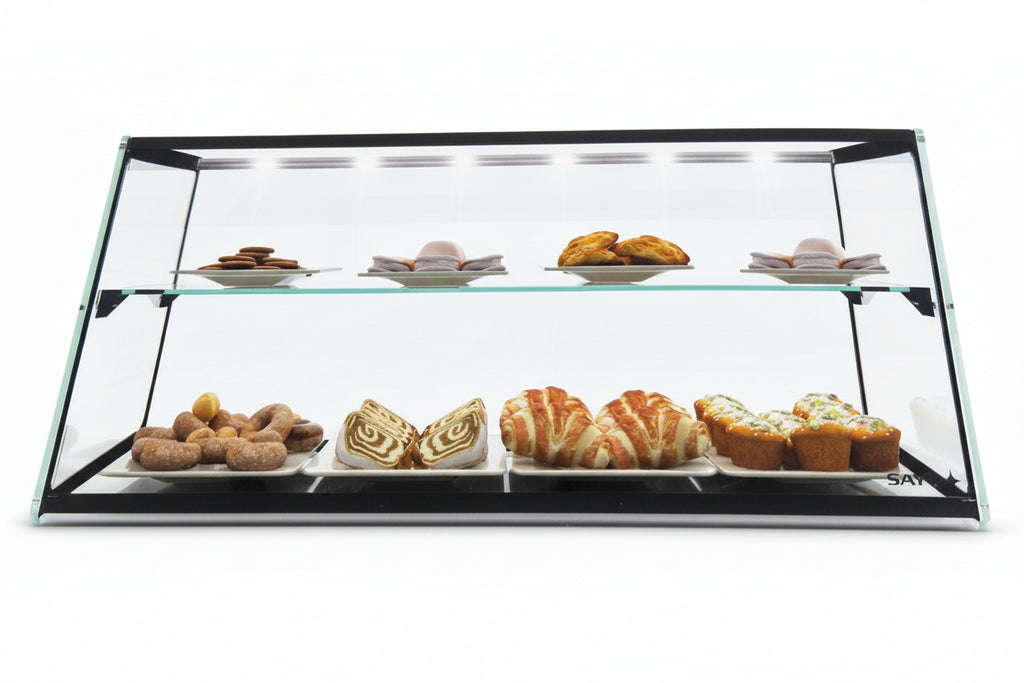 Bancone Bar neutro con  Struttura Legno Tinto Nero o bianco di  3 metri con Vetrina ESPOSITIVA  Neutra