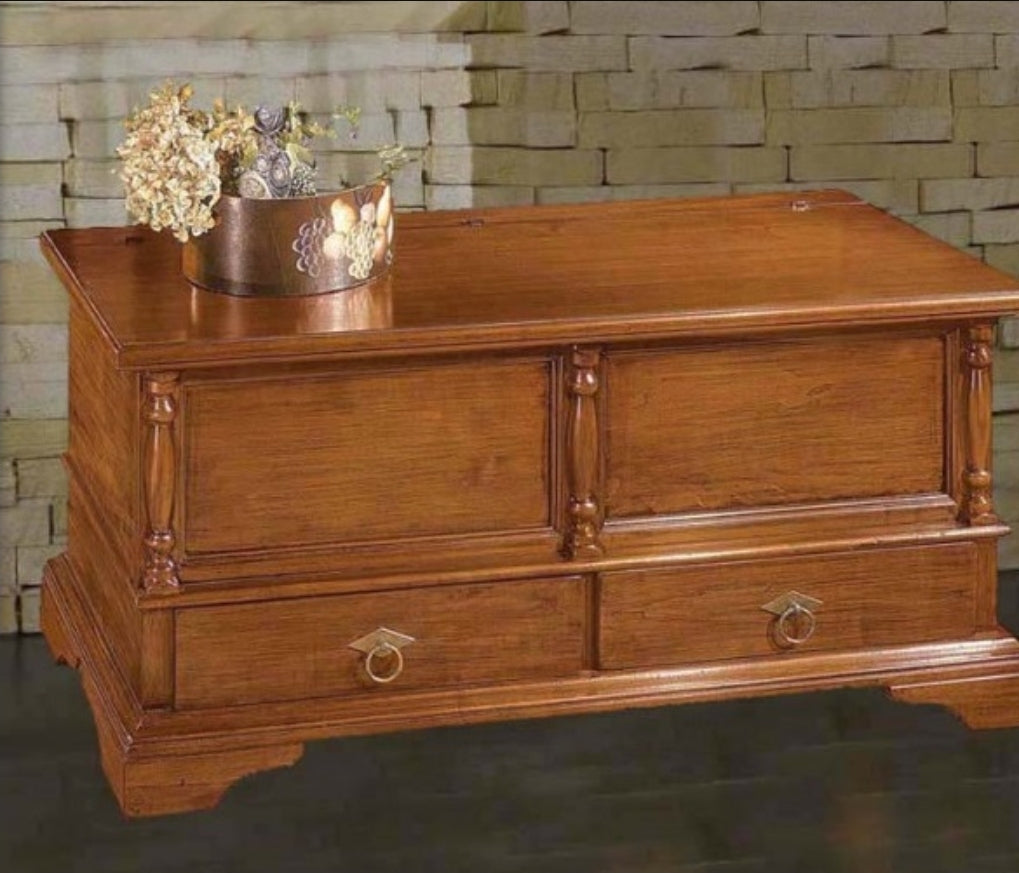 Cassapanca in Legno Massiccio con Apertura a Ribalta e Due Cassetti - Finitura Noce
