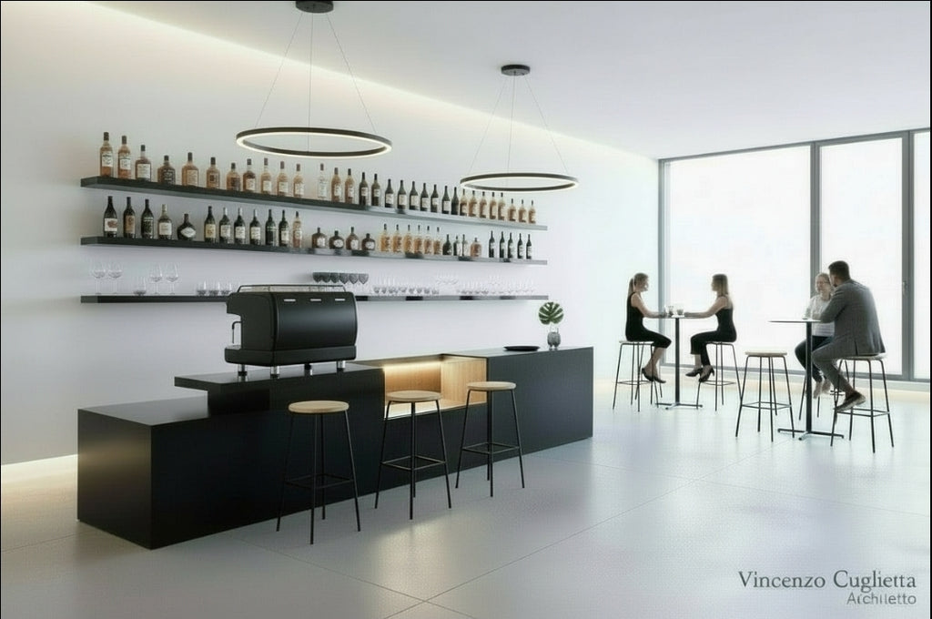 Bancone Bar neutro con  Struttura Legno Tinto Nero o bianco di  3 metri con Vetrina ESPOSITIVA  Neutra