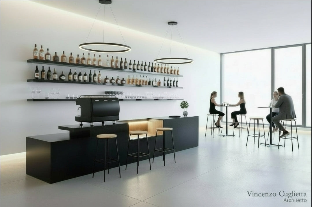 Bancone Bar neutro con  Struttura Legno Tinto Nero o bianco di  3 metri con Vetrina ESPOSITIVA  Neutra