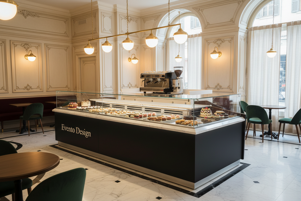 Bancone per pasticceria varie misure e design per un locale mq 40