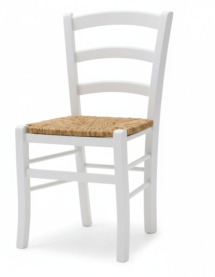 Sedia arte povera con fondino paglia, Anilina Bianco