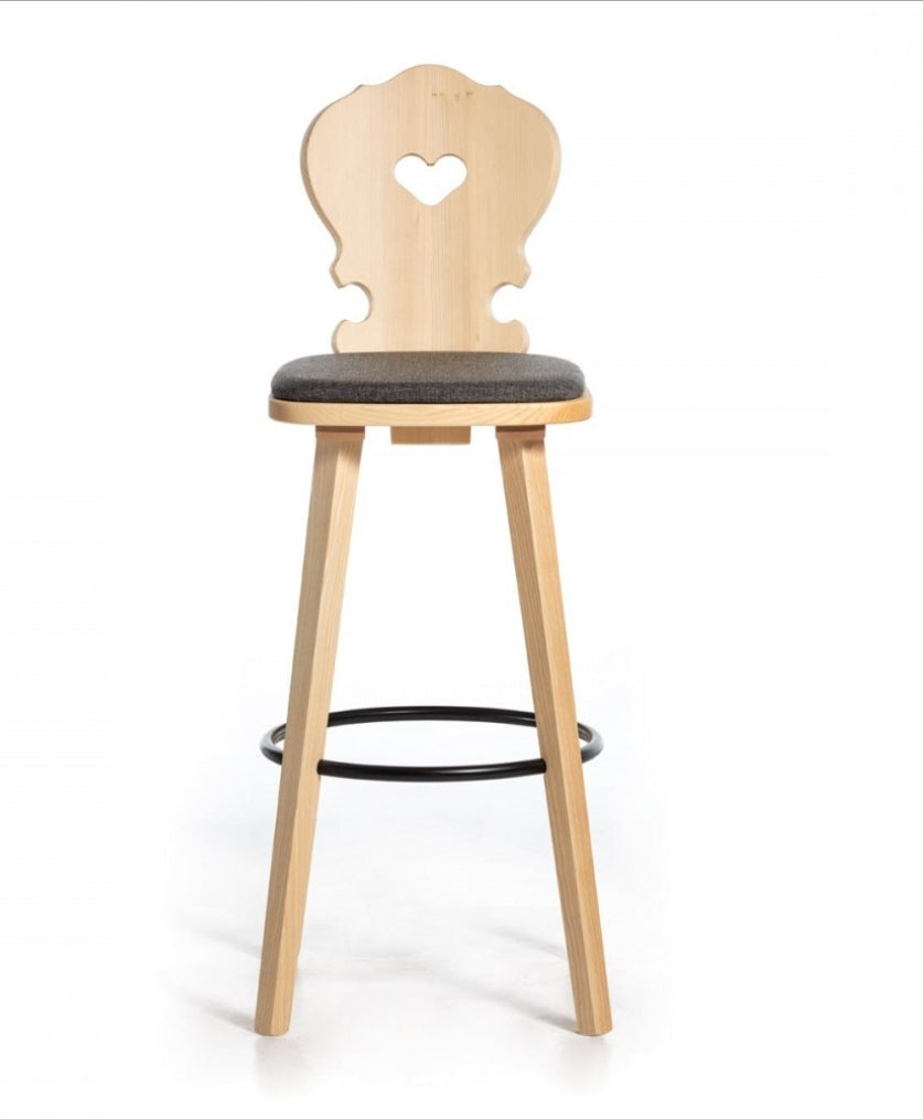Sgabello Tirolese con Cuore Vienna SG IMB - Legno Massello sedile imbottito nero