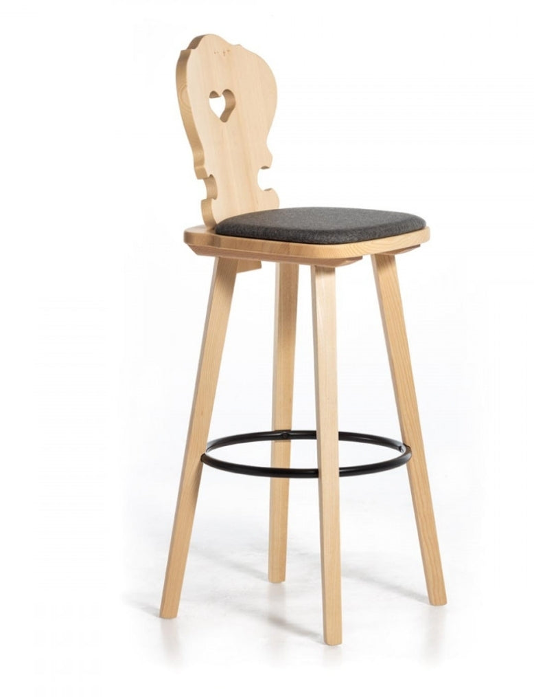 Sgabello Tirolese con Cuore Vienna SG IMB - Legno Massello sedile imbottito nero