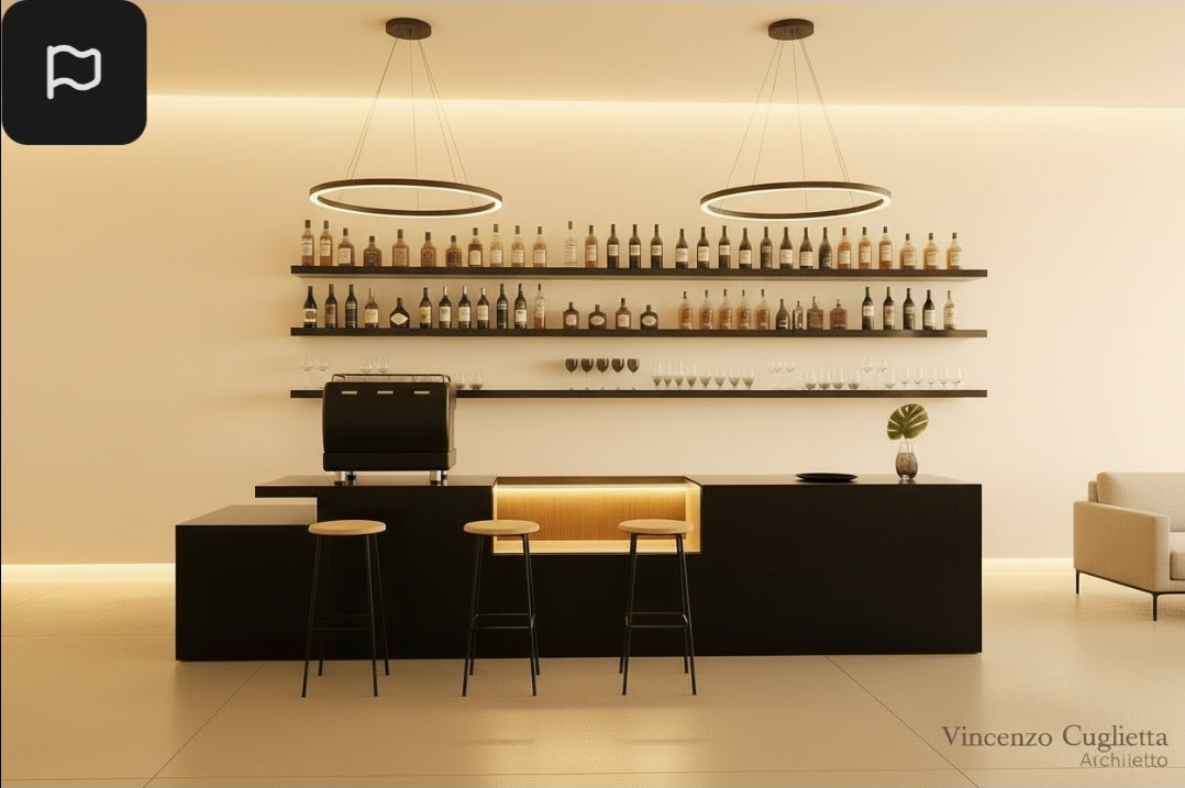 Bancone Bar neutro con  Struttura Legno Tinto Nero o bianco di  3 metri con Vetrina ESPOSITIVA  Neutra