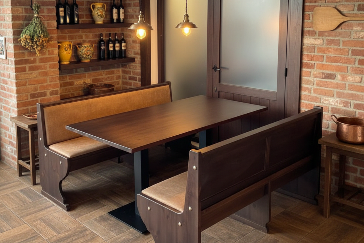 Set panca con imbottitura ecopelle con piano tavolo tinta noce, per pizzeria, pub, birreria, ristoranti