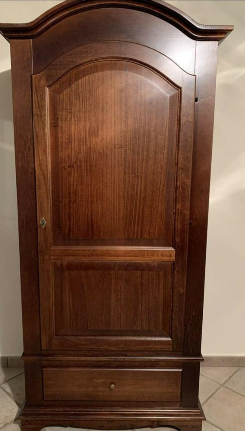 Armadio con 1 anta 1 cassetto appendiabiti con bastone in legno massello e mdf con rifinitura in noce lucido 96x56x196 H