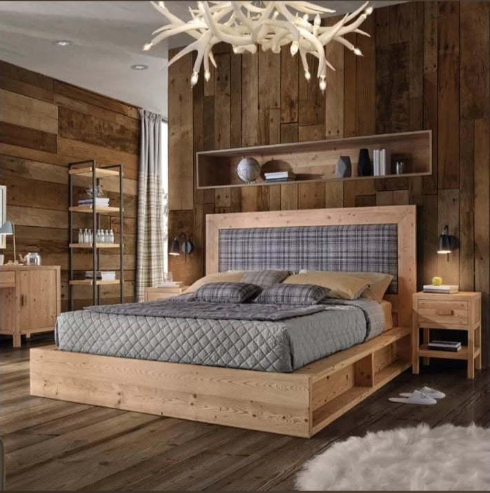 LETTO CORTINA MATRIMONIALE IN LEGNO MASSELLO DI ABETE CON VANI LATERALI