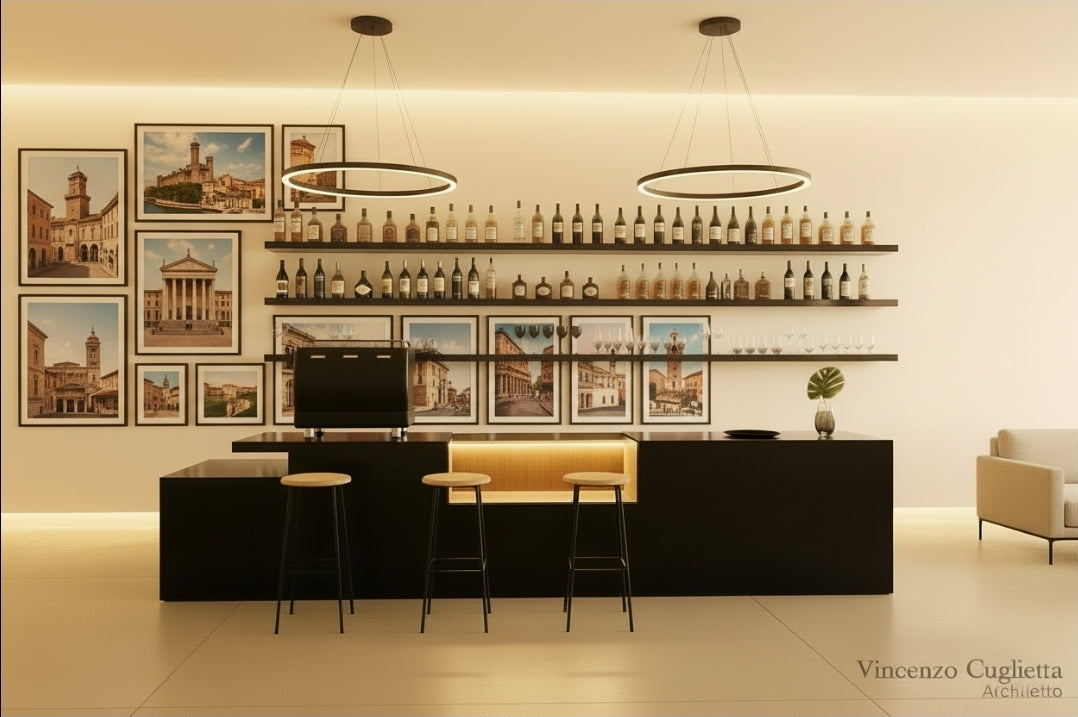 Bancone Bar neutro con  Struttura Legno Tinto Nero o bianco di  3 metri con Vetrina ESPOSITIVA  Neutra