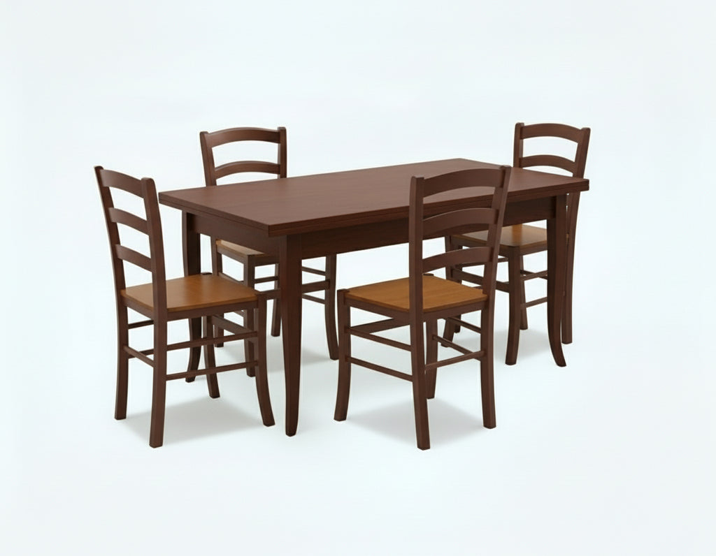 Tavolo Arte Povera con Allunghe e 4 Sedie sedile legno - Tinta Noce