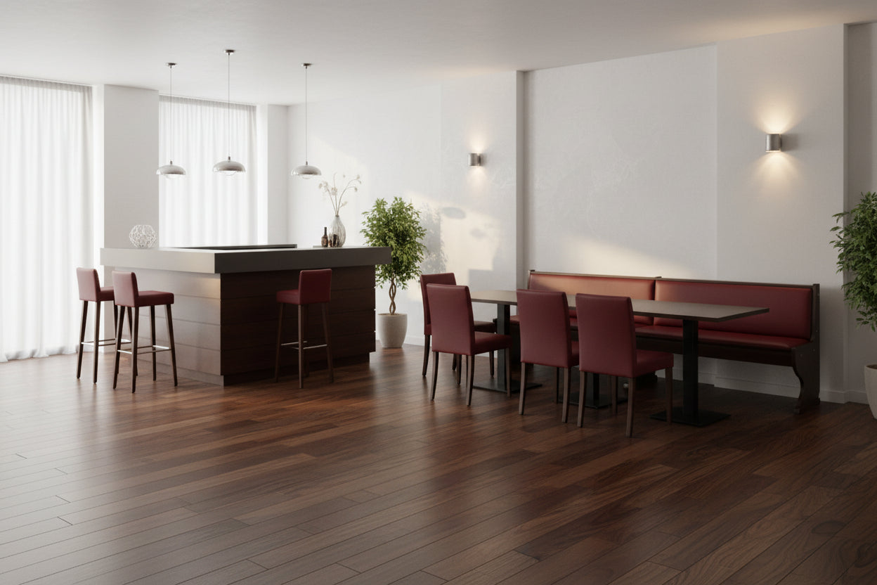 Set panca con imbottitura ecopelle con piano tavolo tinta noce, per pizzeria, pub, birreria, ristoranti