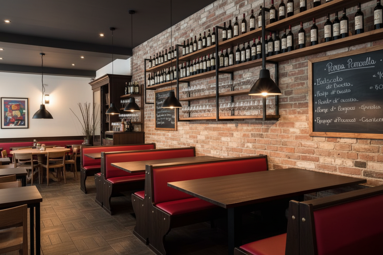 Set panca con imbottitura ecopelle con piano tavolo tinta noce, per pizzeria, pub, birreria, ristoranti