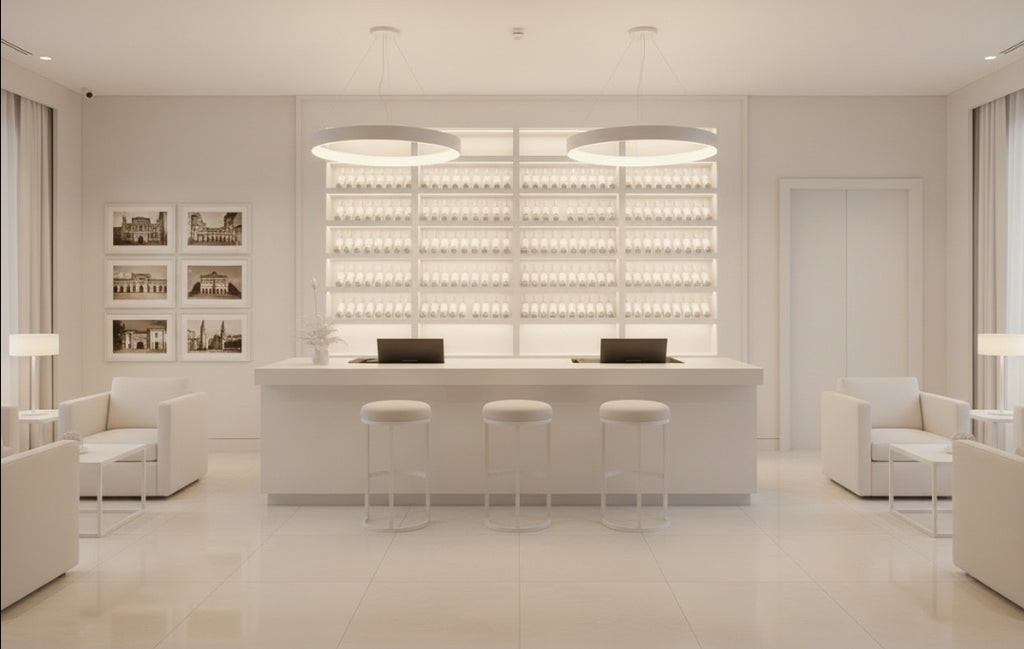 Bancone Bar neutro con  Struttura Legno Tinto Nero o bianco di  3 metri con Vetrina ESPOSITIVA  Neutra