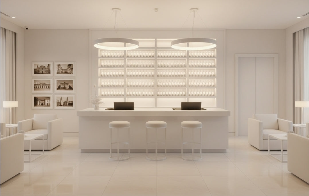 Bancone Bar neutro con  Struttura Legno Tinto Nero o bianco di  3 metri con Vetrina ESPOSITIVA  Neutra