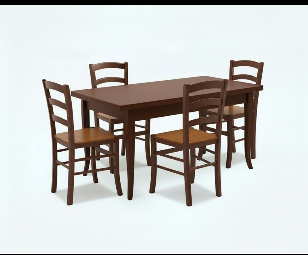 Tavolo Arte Povera con Allunghe e 4 Sedie sedile legno - Tinta Noce