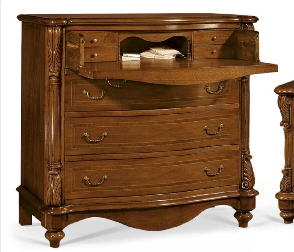 Comò 7 Cassetti con Ribalta Intarsiato su Noce