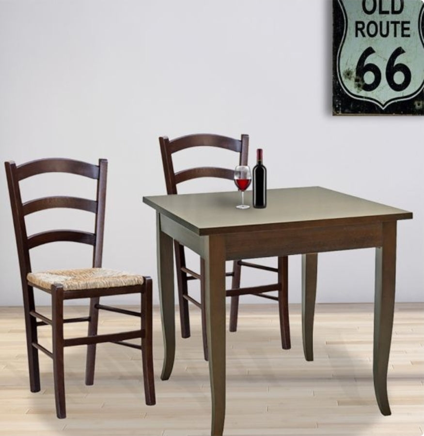 TAVOLO FISSO IN LEGNO CUCINA BAR 70X70 E 2 SEDIE MOD VENEZIA PAGLIA NOCE SCURO